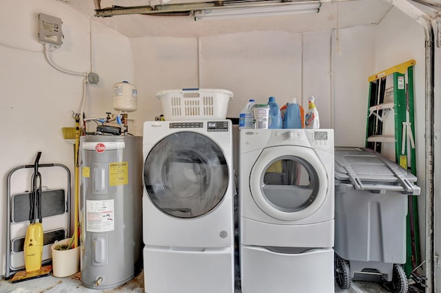 laundry room with electric water heater and washing machine and clothes dryer