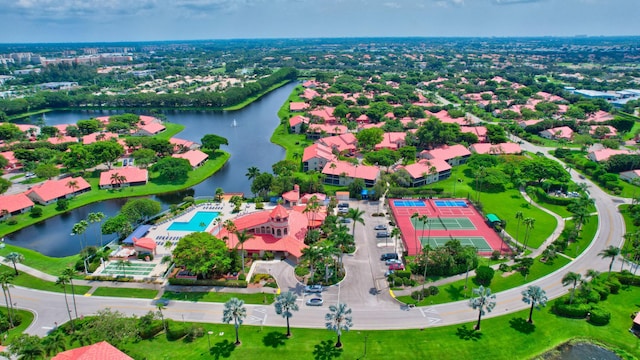 bird's eye view with a water view