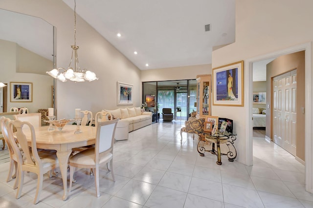 7906 Lexington Club Blvd Unit B, Delray Beach, FL 33446 - dining space featuring a chandelier, high vaulted ceiling, recessed lighting, and light tile patterned flooring