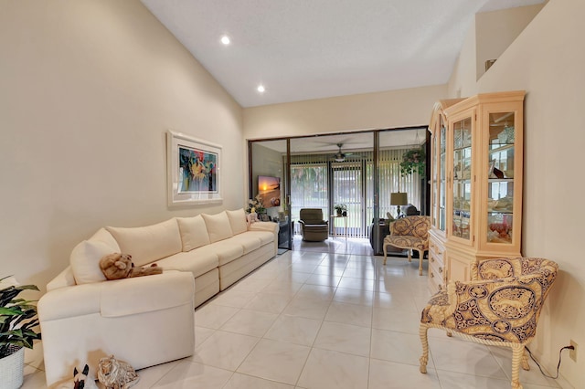 tiled living room with vaulted ceiling