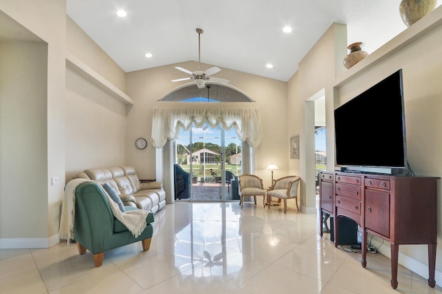 living room with ceiling fan, high vaulted ceiling, and light tile patterned flooring