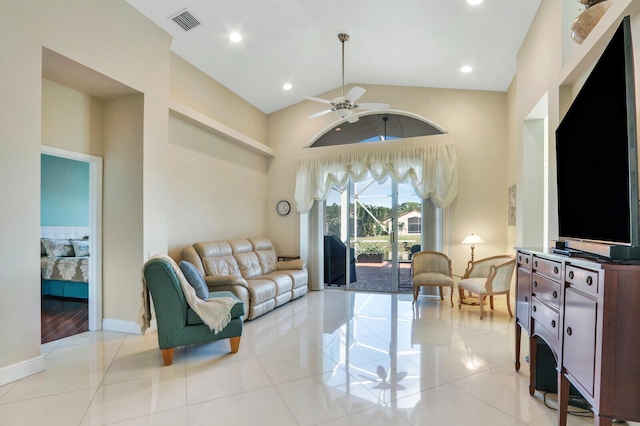 living room with ceiling fan, light tile patterned flooring, and high vaulted ceiling