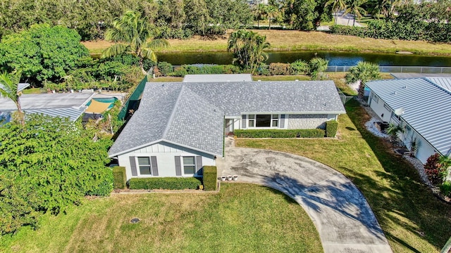 aerial view featuring a water view