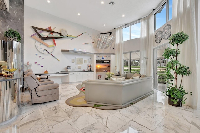 living room featuring a healthy amount of sunlight and a high ceiling