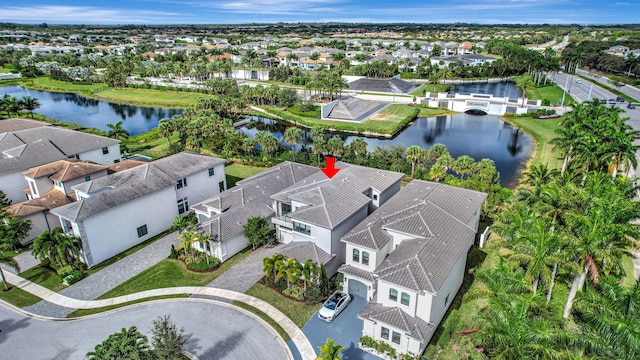 aerial view featuring a water view