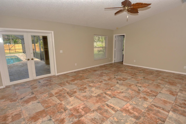 unfurnished room with french doors, a textured ceiling, ceiling fan, and a healthy amount of sunlight