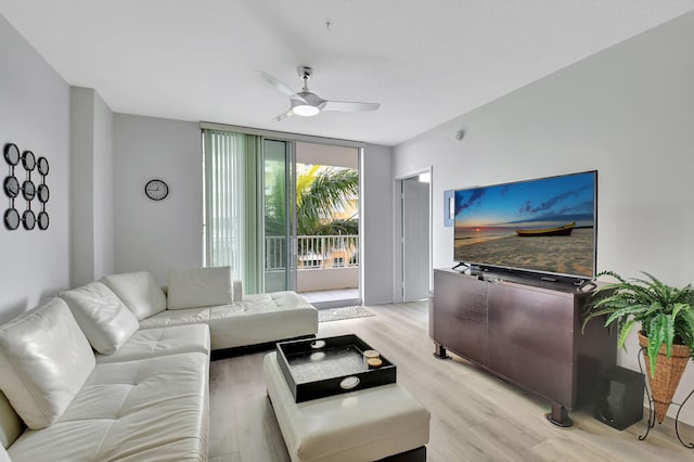 living room featuring ceiling fan and light hardwood / wood-style floors