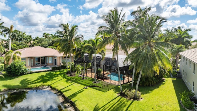 aerial view featuring a water view