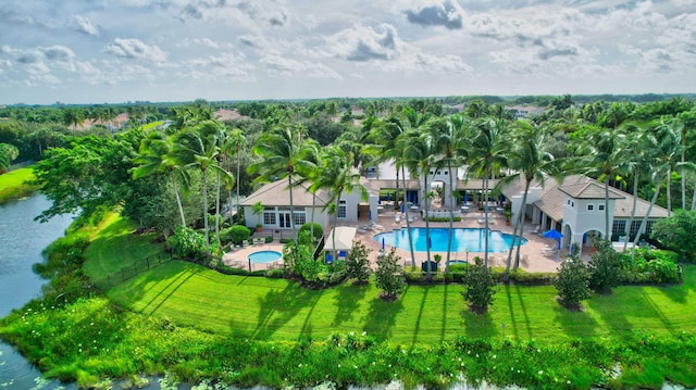 drone / aerial view with a water view