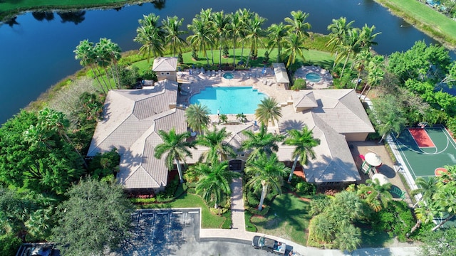 birds eye view of property featuring a water view