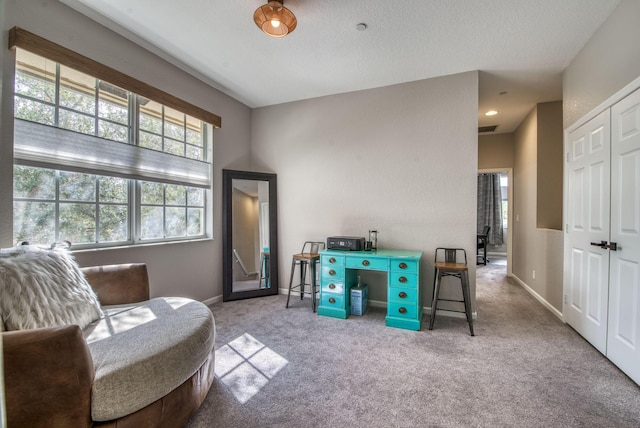 carpeted home office with a textured ceiling