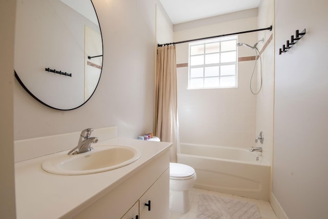 full bathroom with toilet, tile patterned flooring, vanity, and shower / tub combo with curtain