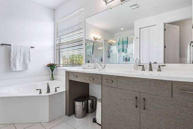 15360 Seaglass Terrace Ln, Delray Beach, FL 33446 - bathroom featuring a stall shower, tile patterned flooring, a bath, and vanity