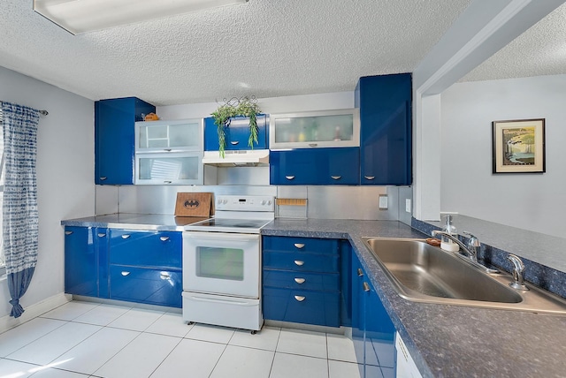 kitchen with white range with electric cooktop, sink, light tile patterned floors, and blue cabinets