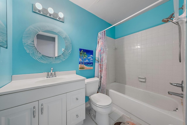 full bathroom featuring tile patterned floors, vanity, shower / bath combination with curtain, and toilet