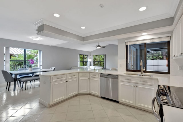 kitchen with a healthy amount of sunlight, sink, stainless steel dishwasher, and range