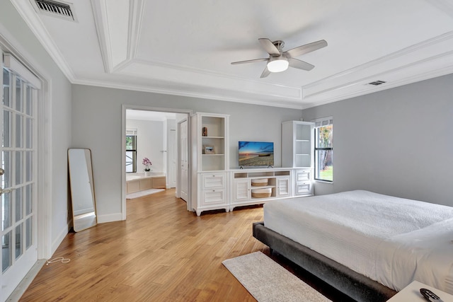 bedroom with light hardwood / wood-style floors, multiple windows, crown molding, and ceiling fan