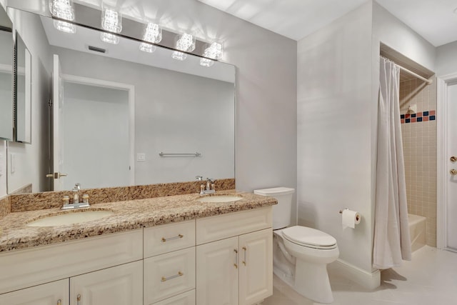 full bathroom with toilet, shower / bath combination with curtain, vanity, and tile patterned floors