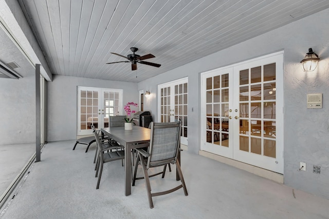 exterior space with french doors, ceiling fan, and wooden ceiling