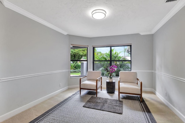 living area with ornamental molding, light carpet, and a wealth of natural light