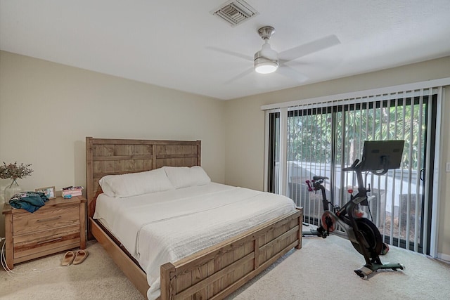 bedroom with access to exterior, light carpet, and ceiling fan