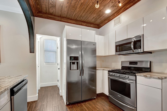 kitchen featuring wooden ceiling, white cabinets, light stone countertops, appliances with stainless steel finishes, and dark hardwood / wood-style flooring