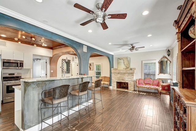 kitchen featuring appliances with stainless steel finishes, crown molding, dark hardwood / wood-style floors, white cabinetry, and a stone fireplace