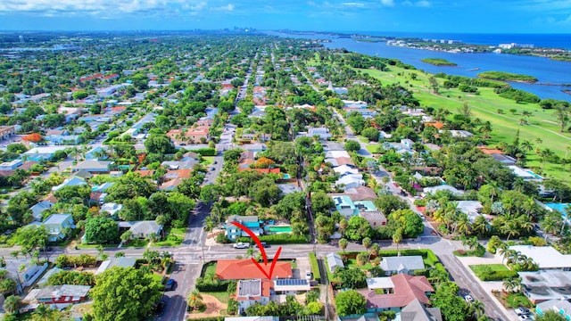 drone / aerial view with a water view