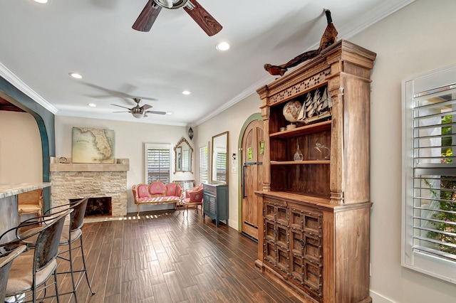 living room featuring a stone fireplace, dark hardwood / wood-style flooring, ornamental molding, and a wealth of natural light