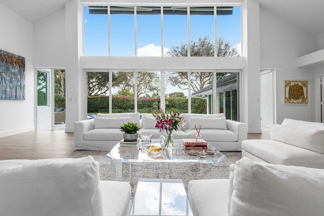 living room featuring wood-type flooring and high vaulted ceiling