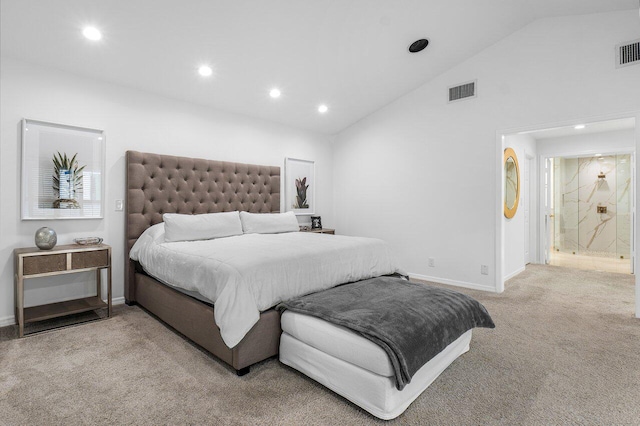 carpeted bedroom featuring high vaulted ceiling