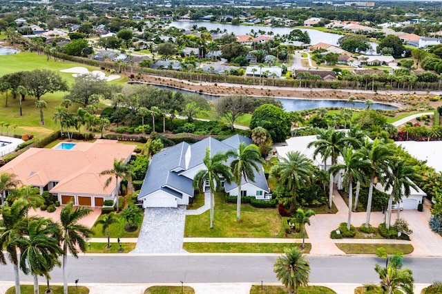 aerial view featuring a water view