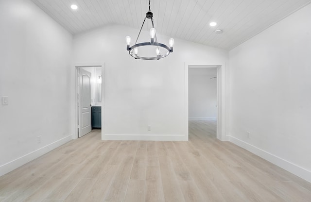 unfurnished room featuring wood ceiling, a chandelier, lofted ceiling, and light wood-type flooring