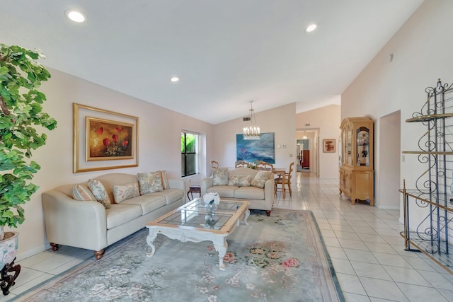 tiled living room with vaulted ceiling and an inviting chandelier