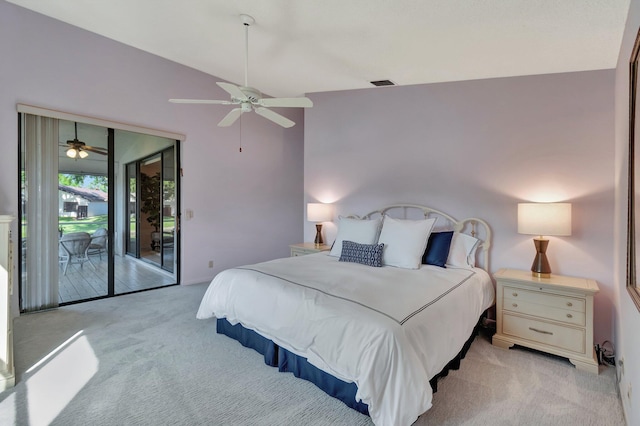 bedroom featuring light carpet, access to outside, ceiling fan, and lofted ceiling