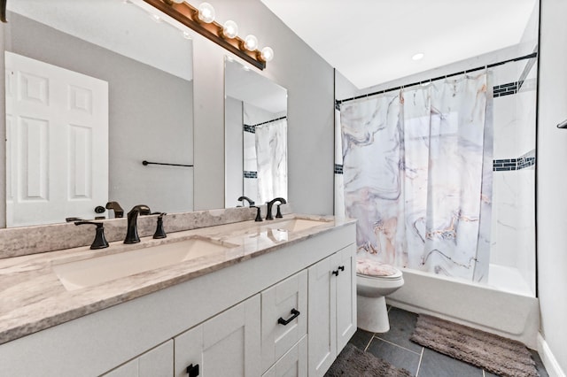 full bathroom featuring toilet, shower / tub combo with curtain, vanity, and tile patterned flooring