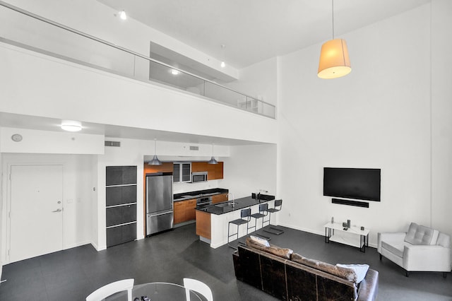 living room with sink and a high ceiling