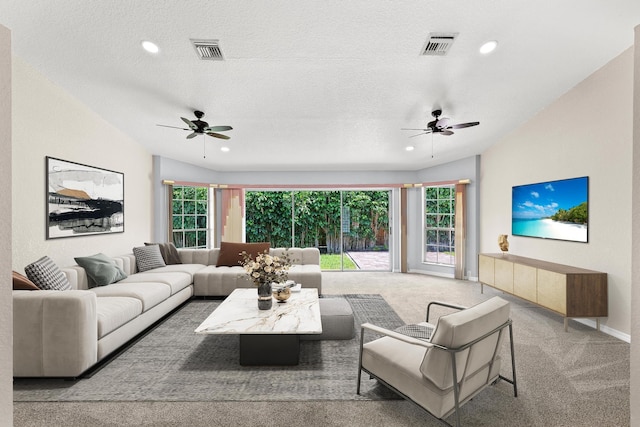 carpeted living room featuring a textured ceiling, lofted ceiling, and a healthy amount of sunlight