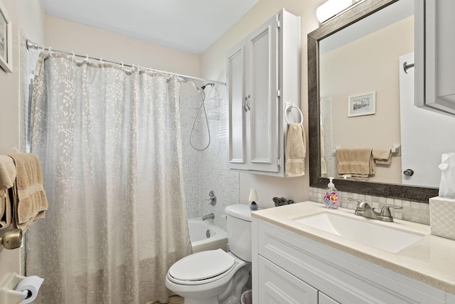 full bathroom featuring backsplash, vanity, shower / bath combination with curtain, and toilet