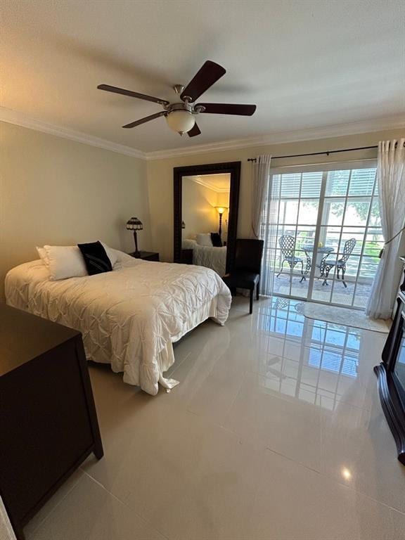 tiled bedroom with access to exterior, ceiling fan, and ornamental molding