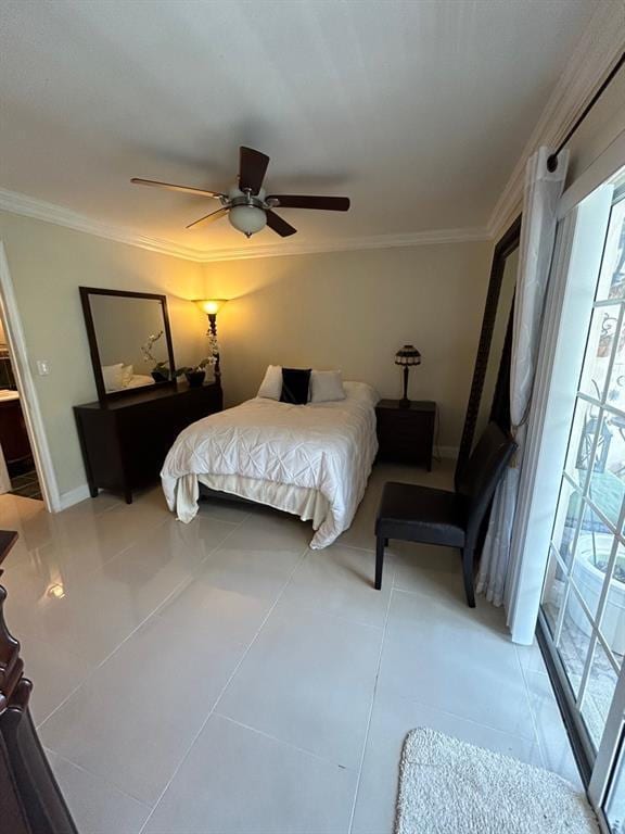 bedroom featuring light tile patterned floors, ceiling fan, and ornamental molding