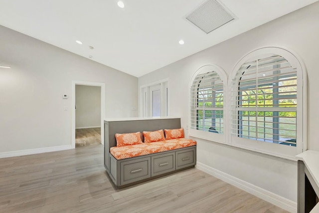 living area featuring light hardwood / wood-style floors and lofted ceiling