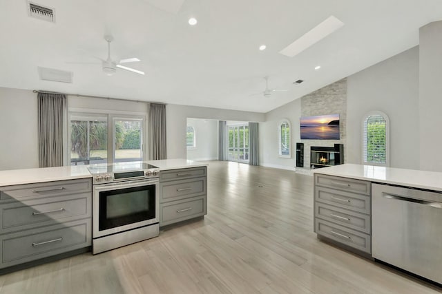 kitchen featuring a large fireplace, stainless steel appliances, light hardwood / wood-style flooring, and plenty of natural light