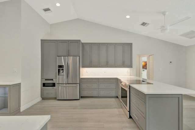 kitchen featuring kitchen peninsula, gray cabinets, stainless steel appliances, and vaulted ceiling