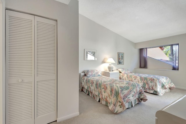 carpeted bedroom with a textured ceiling and vaulted ceiling