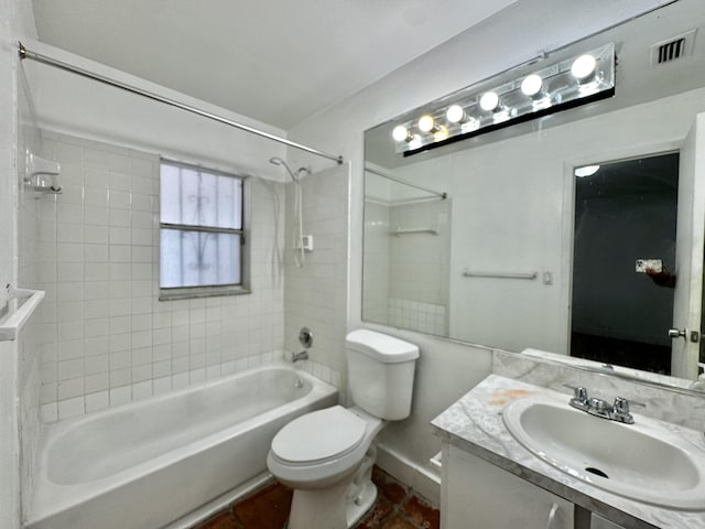 bathroom with visible vents, toilet, tub / shower combination, vanity, and tile patterned flooring