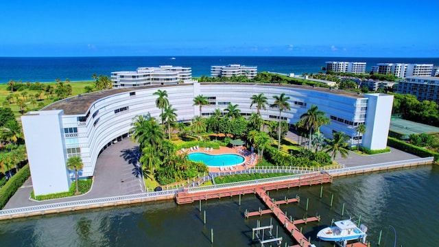 bird's eye view with a water view