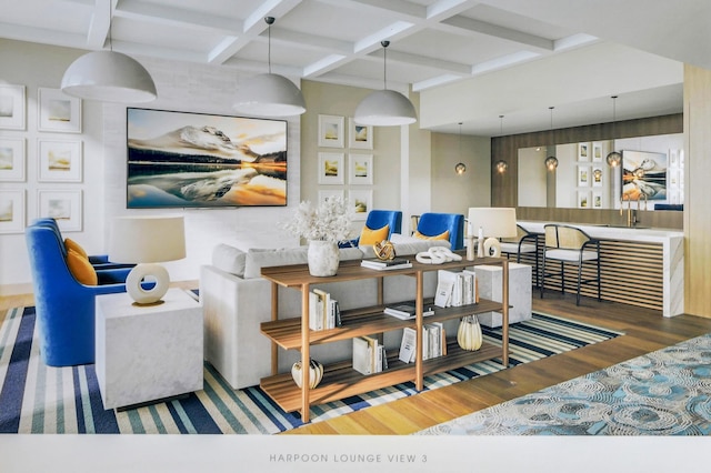 interior space featuring beamed ceiling, dark wood-type flooring, and coffered ceiling