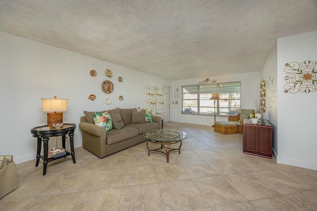 living room with vaulted ceiling and a textured ceiling