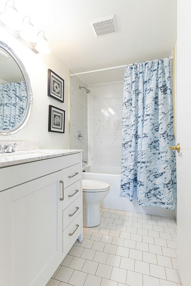 bathroom featuring toilet, shower / bathtub combination with curtain, visible vents, and vanity